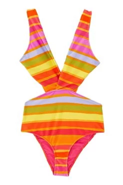Farm Rio Shiny Stripes One Piece Swimsuit -Luna Beach Shop 307149 One Piece Swimsuit Shiny Stripes Laydown