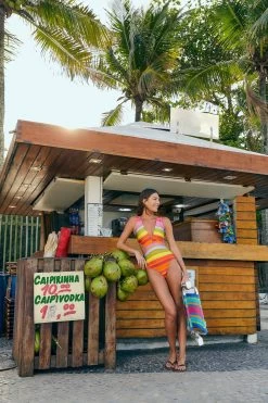 Farm Rio Shiny Stripes One Piece Swimsuit -Luna Beach Shop 307149 One Piece Swimsuit Shiny Stripes Lifestyle