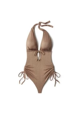 Brena Maillot Halter One Piece Swimsuit -Luna Beach Shop 31MBZM One Piece Swimsuit Bronze Metallic Laydown