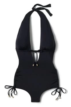 Brena Halter Plunge One Piece Swimsuit -Luna Beach Shop 31MECB One Piece Swimsuit Eco Black Laydown