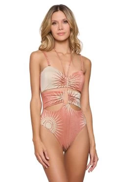 Metallic Cutout One Piece Swimsuit -Luna Beach Shop CL23262M One Piece Swimsuit Canyon Sunset Front
