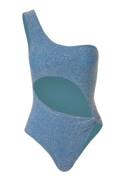 Nikka Metallic Asymmetrical One Piece Swimsuit -Luna Beach Shop NIKKA ONE PIECE One Piece Swimsuit Glossy Blue Laydown