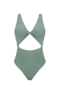 Textured Wave Twix One Piece Swimsuit -Luna Beach Shop O29186 One Piece Swimsuit Grounding Green Laydown