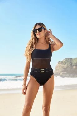 Stitched Mesh One Piece Swimsuit -Luna Beach Shop RBFL23231 One Piece Swimsuit Black Lifestyle