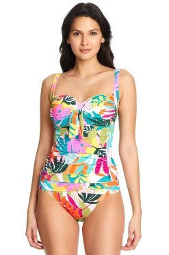 Tropical Tie Front Over The Shoulder Tankini Top