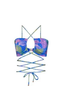Ocean Leaf Wrap Bikini Top -Luna Beach Shop TOB24913US Bikini Top Blue Multi Laydown