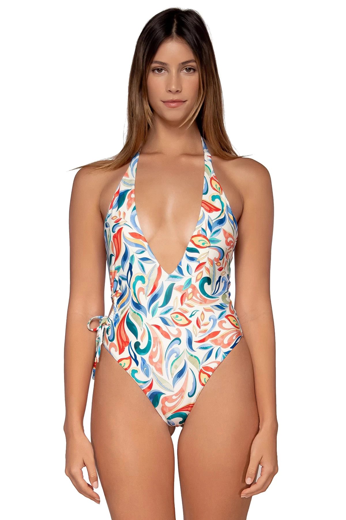 Sunburst Plunge Halter One Piece Swimsuit 1 Sunburst Plunge Halter One Piece Swimsuit