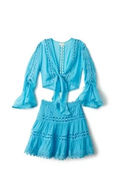 ELAN Crochet Tie Front Crop Top -Luna Beach Shop VCL10545 Apparel Top Aqua Laydown